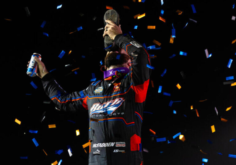 James McFadden does his fifth World of Outlaws 'shoey' of the season